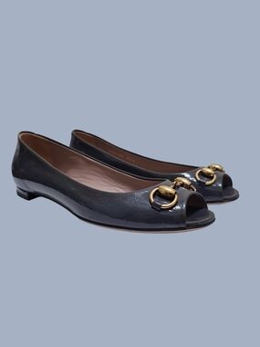 Gucci Jolene Microguccissima Patent Leather Horsebit Peep Toe Ballet Flats